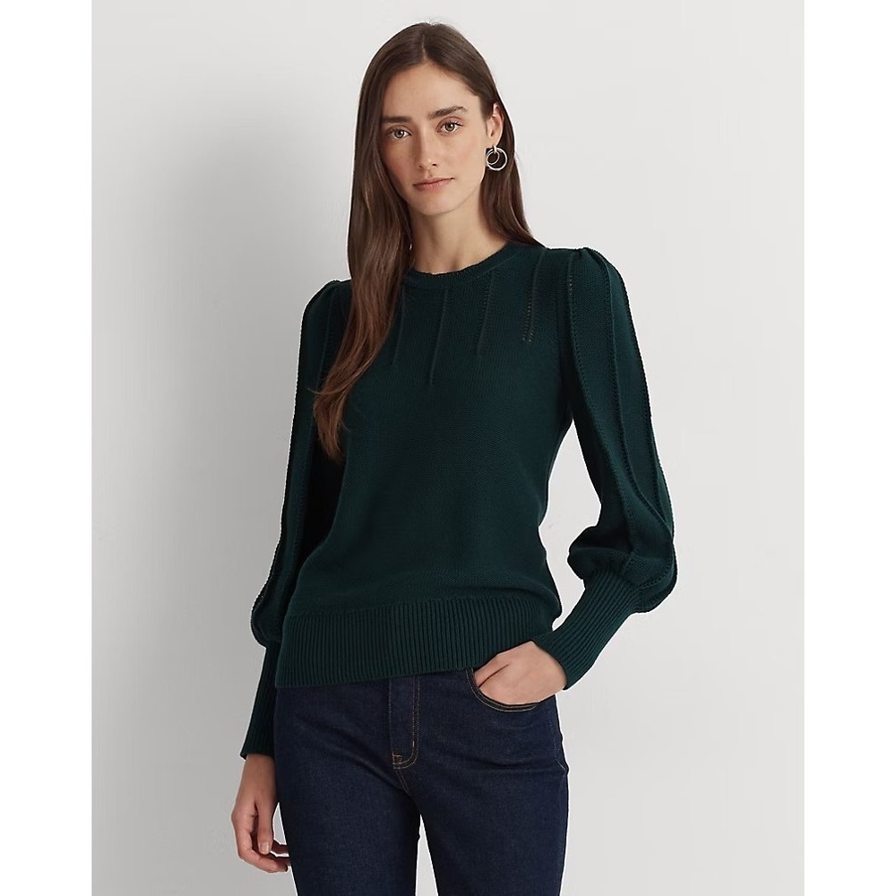 VTG Ralph Lauren Women's L Green Rib Detail Sweater Balloon Sleeve Black Label